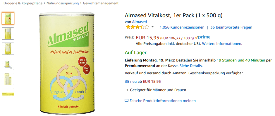 Almased Listing mit Fotos der Verpackung aber ohne jegliche Informationen in Titel und Highlights Quelle: https://www.amazon.de/dp/B004W5ZFNG 