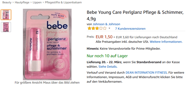 Johnson & Johnson Listing der bekannten Produktmarke bebe https://www.amazon.de/dp/B0017KPBM4