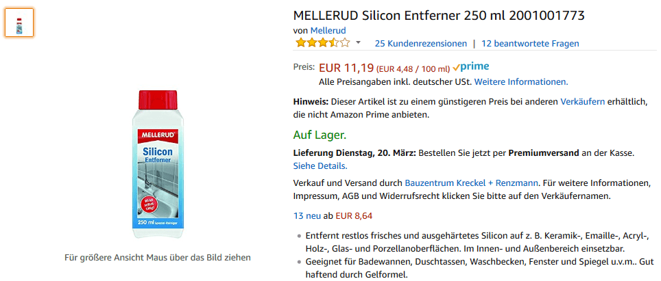 Mellerud Silicon Entferner, verschenkt viel weißen Raum um die Produktabbildung. Mit nur zwei gefüllten Bulletpoints wäre noch weit mehr aus dem Produktlisting herauszuholen. Quelle: https://www.amazon.de/dp/B006289NVQ