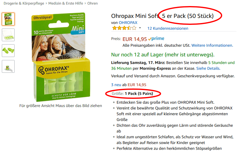 OHROPAX verwirrt die Kunden mit unklaren Produktangeboten. Gibt es hier nun 50 Stück, einen 5er Pack oder ein Pack zu kaufen? Quelle: https://www.amazon.de/dp/B016U6AXF4