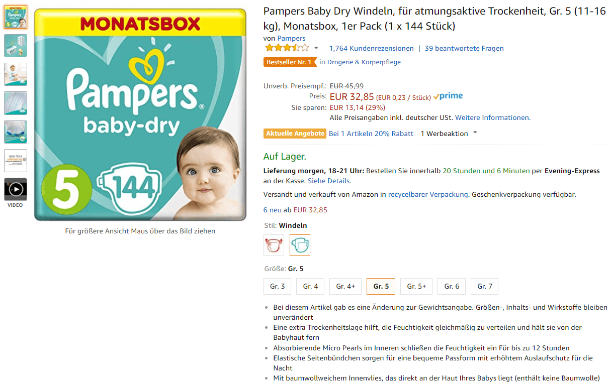Pampers Produktlisting mit erreichter Maximalpunktzahlt von 100 Punkten, Quelle: https://www.amazon.de/dp/B00AR9HX3G