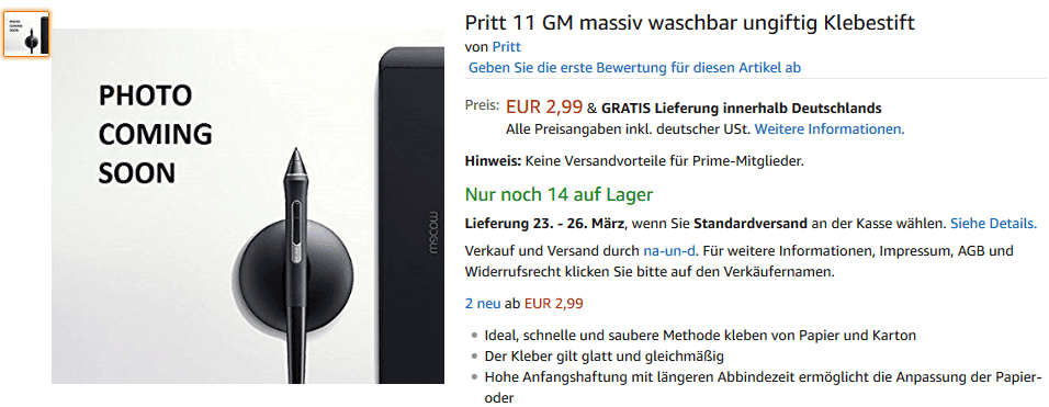 Oder aber einfach ein Platzhalter einfügen, wenn grad kein Produktbild zur Verfügung steht? (Laut Listing im Angebot von Amazon.de seit 17. April 2012) https://www.amazon.de/dp/B007UZ0IVE