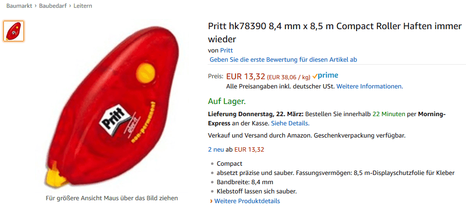 Unscharfes und verpixeltes Produktfoto bei diesem Pritt-Listing Quelle: https://www.amazon.de/dp/B000NJUQNO