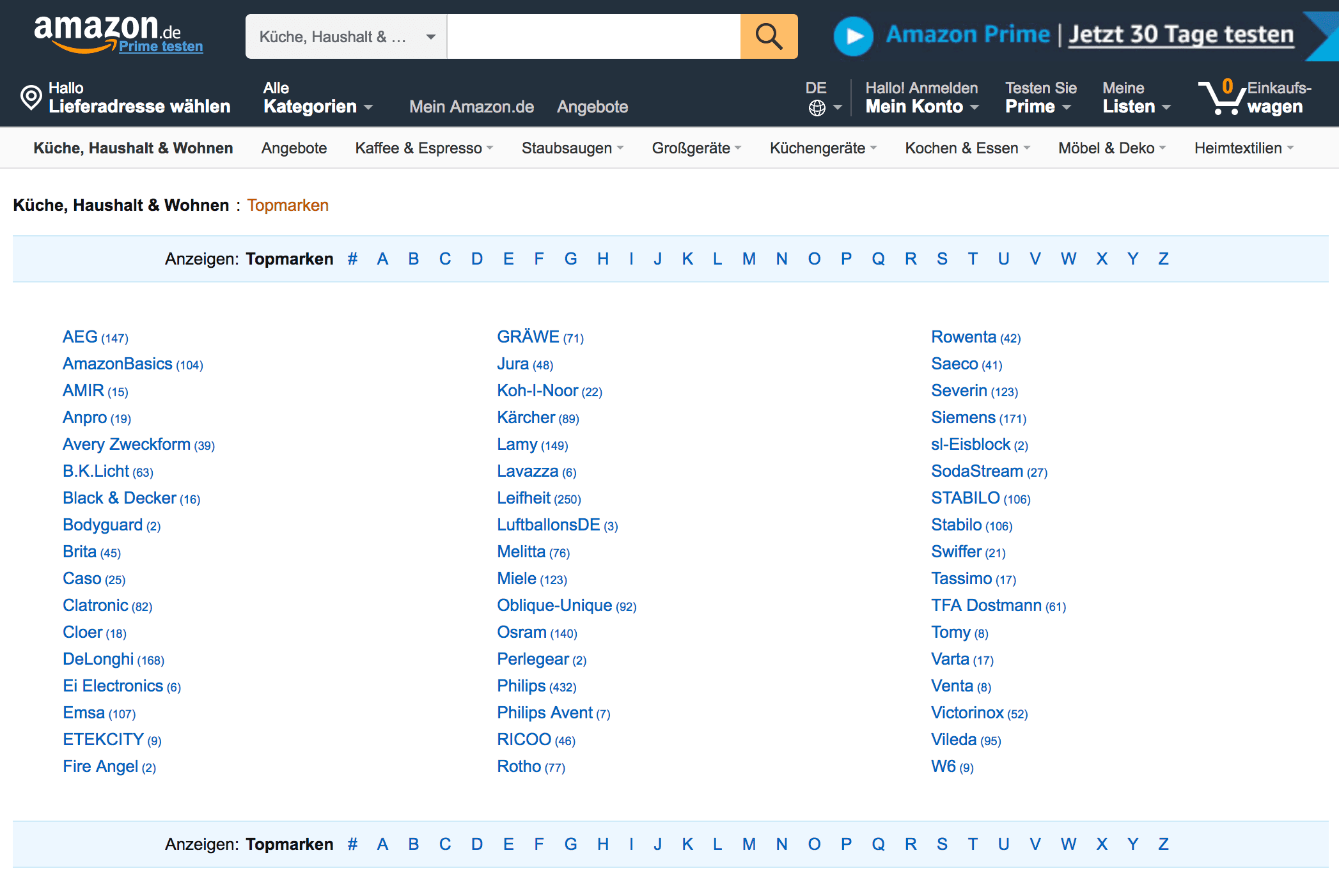 Topmarken der Kategorie "Küche, Haushalt & Wohnen" Quelle: https://www.amazon.de/gp/search/other/?ie=UTF8&bbn=3167641&pickerToList=lbr_brands_browse-bin&rh=n%3A3167641