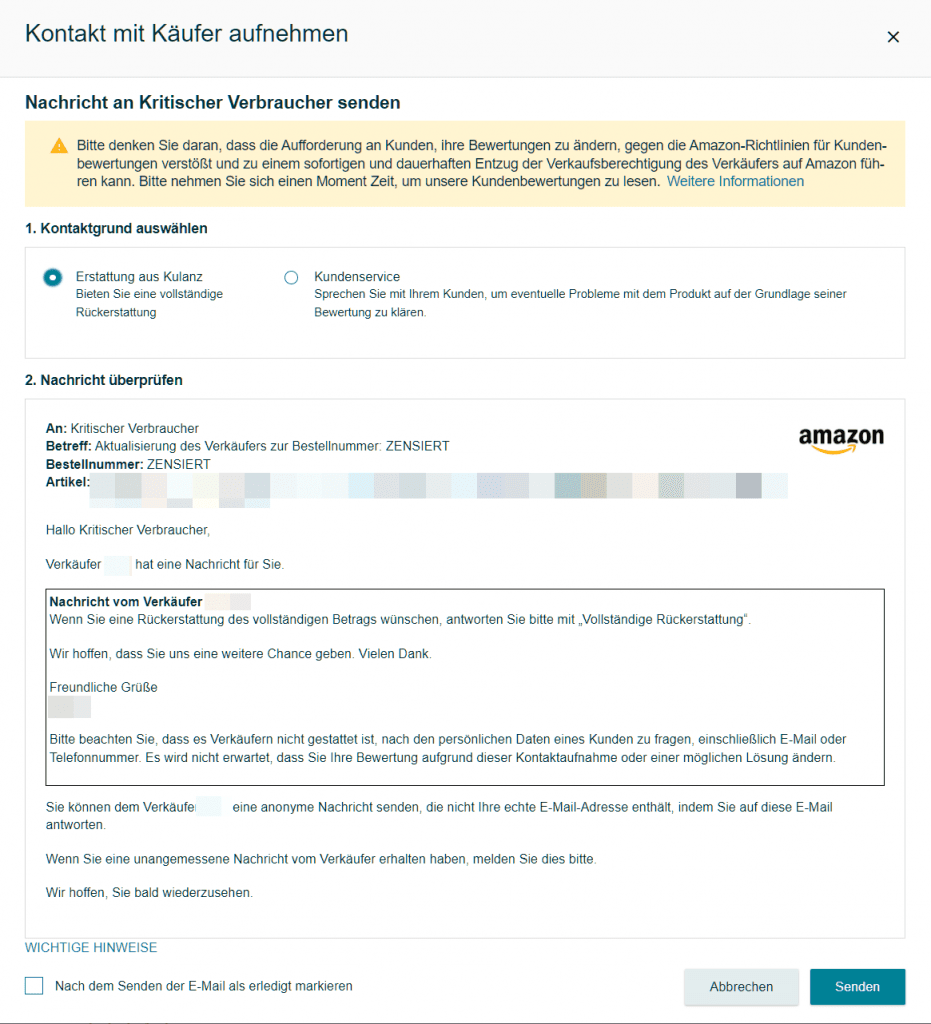 Kontaktaufnahme mit Käufer*in: Erstattung aus Kulanz