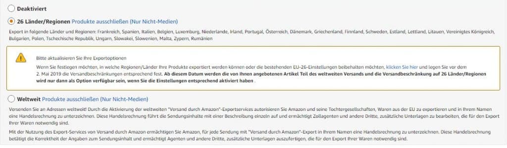 Exporteinstellung für Versand durch Amazon in Deutschland