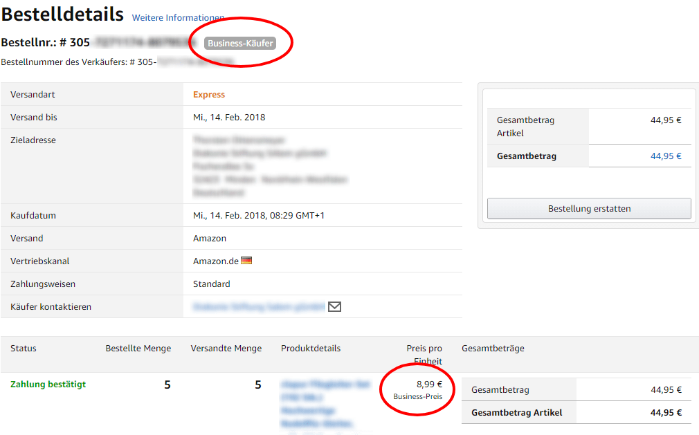 Screenshot einer Amazon Business Bestellung mit Business-Preis