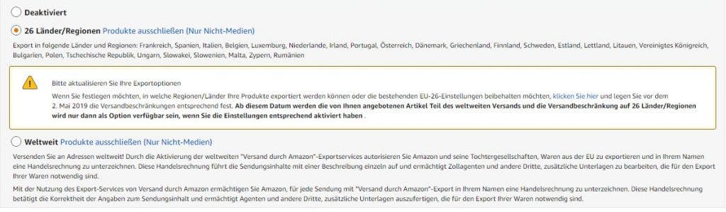 Exporteinstellung für Versand durch Amazon in Deutschland